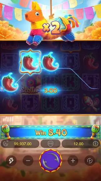 Pinata Wins 5x3 reel grid with Sugar Skull and cascade symbols in play