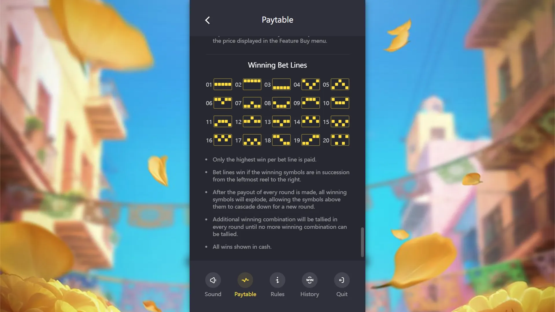 Pinata Wins 20 fixed paylines diagram showing all payline paths numbered 1 through 20 across the 5x3 grid