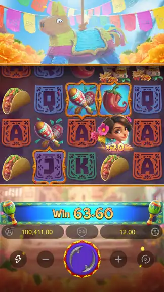 Pinata Wins base-game spin with a Gold Frame x20 multiplier building mid-cascade, part of the session's biggest single-spin result